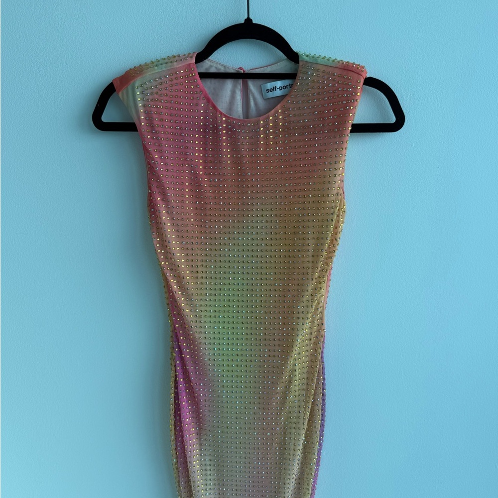 Self-Portrait Pink Yellow Green Multicolor Embellished Midi Dress
